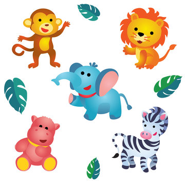 Five cute plush jungle animals / Cute plush monkey, lion, elephant, hippo and zebra are on white background
