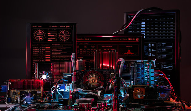 Concept of computer circuit computer board for bitcoin mining. Devices and technology for mining cryptocurrency.