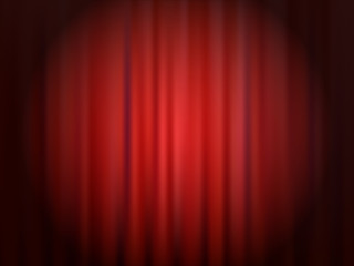 Red closed theater curtain with reflector spotlight circle. Abstract vector background.
