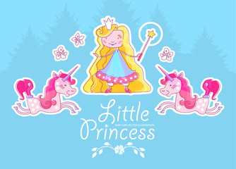 Little Blonde Hair Princess Design Template with Fantastic Unicorn, Magic Wand, Crown, Coniferous Forest and Flowers. Vector illustration