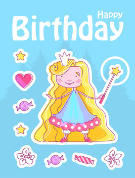 Happy Little Princess Birthday Card Template with Fairy Girl with Crown, Magic Wand. Flower, Star, Candy and Pink Heart. Vector illustration