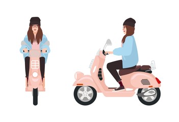 Smiling hipster girl dressed in trendy casual clothes riding pink scooter © Good Studio