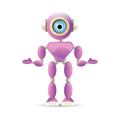 vector funny cartoon purple friendly robot character isolated on white background. Kids 3d robot toy. chat bot icon
