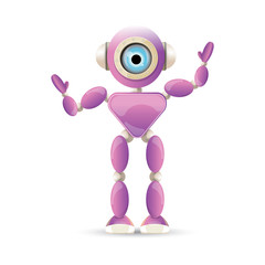 vector funny cartoon purple friendly robot character isolated on white background. Kids 3d robot toy. chat bot icon