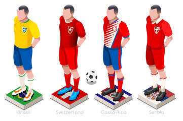 Soccer world cup a group of players with team shirts flags and ball. Isometric football vector illustration
