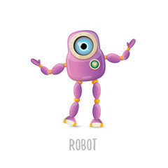 vector funny cartoon purple friendly robot character isolated on white background. Kids 3d robot toy. chat bot icon