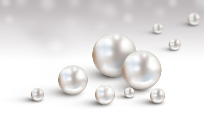 Wedding background with many small and big white pearls on white and grey background