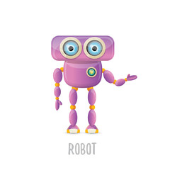 vector funny cartoon purple friendly robot character isolated on white background. Kids 3d robot toy. chat bot icon