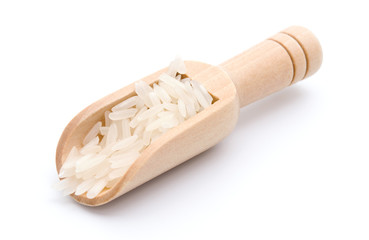 wooden scoop with rice isolated on white background