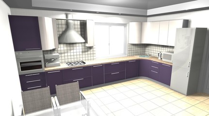 kitchen 3D rendering interior design beige purple