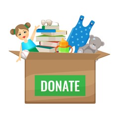 Box with toys and books to donate for children
