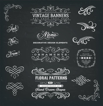 Calligraphic Frames And Banners On Chalkboard
