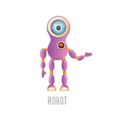vector funny cartoon purple friendly robot character isolated on white background. Kids 3d robot toy. chat bot icon