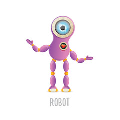 vector funny cartoon purple friendly robot character isolated on white background. Kids 3d robot toy. chat bot icon