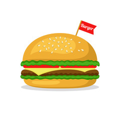 Burger in flat style on white background. Fast food.