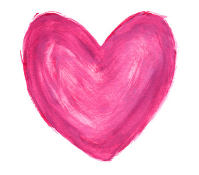 Pink heart in gouache isolated on white background 