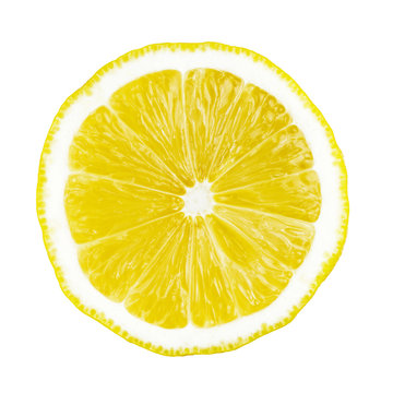 One round slice of yellow ripe lemon fruit, isolated on a white background, top view