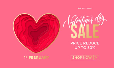 Valentines Day sale banner design template of heart papercard on pink background. Vector 14 February Valentine day holiday sale promo offer discount for fashion shop