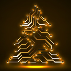 Abstract technology glowing Christmas tree, neon circuit board