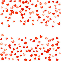 Heart border for Valentines day with red glitter. February 14th day. Vector confetti for heart border template. Grunge hand drawn texture. Love theme for poster, gift certificate, banner.