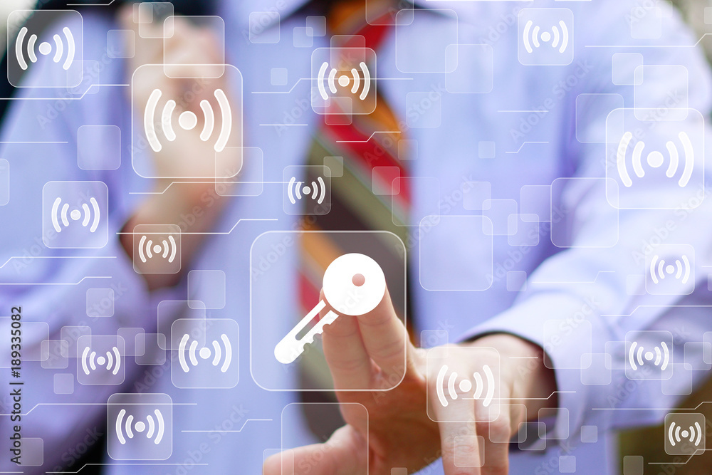 Poster businessman presses button key security service wifi on virtual digital electronic user interface