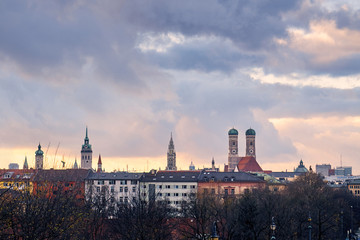 Fototapeta na wymiar Skyline of Munich in autumn season, Germany. Copy space