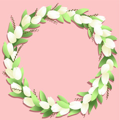 Circle frame with white tulips and springs on the pink background
