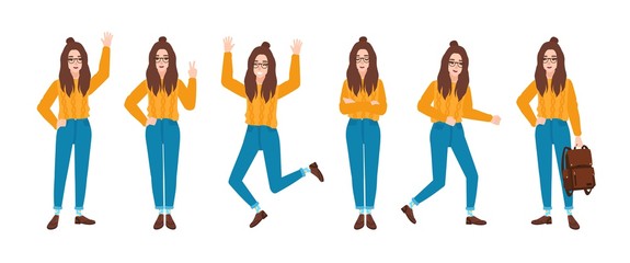 Young smiling woman dressed in blue jeans and yellow jumper in various postures. Hipster girl in different poses. Female cartoon character isolated on white background. Colorful vector illustration.