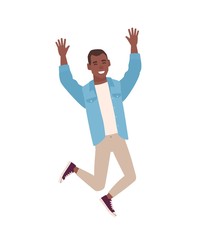 Happy smiling guy dressed in casual clothes jumping with raised hands. Young man rejoicing or celebrating. Male cartoon character isolated on white background. Colorful flat vector illustration.