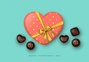 Valentine's day holiday background. 3d heart with golden bow and chocolate sweets. Decorative elements for holiday design. Vector illustration.