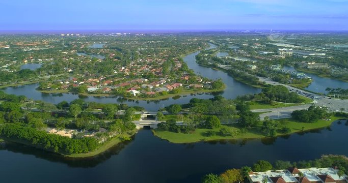 Aerial video residential neighborhood Weston Florida USA