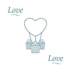 Cute vector illustration of love symbols: heart air balloon icon and three cupcakes. Romantic collection.