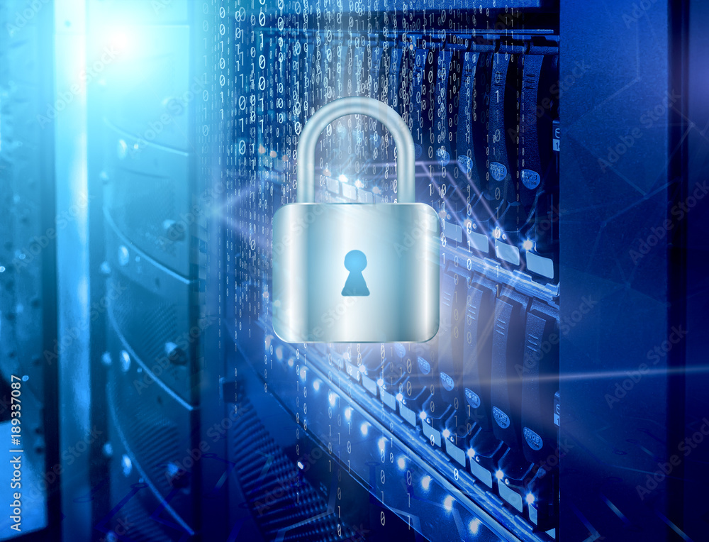 Poster network safety concept server closed with padlock, database security.