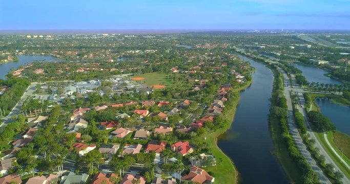 Aerial video tour residential neighborhoods and sports fields Weston Florida
