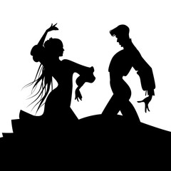 Silhouette of couple of typical Spanish flamenco dancers. Elegant man and beautiful woman with long mane. - obrazy, fototapety, plakaty