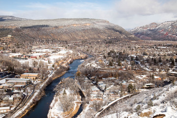 Winter Durango, Colorado with the blue Animas river