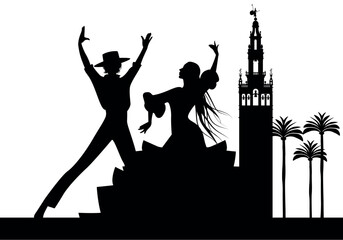 Fototapeta premium Silhouette of Spanish flamenco dancers couple, palm trees and monuments in Seville. (The Giralda)