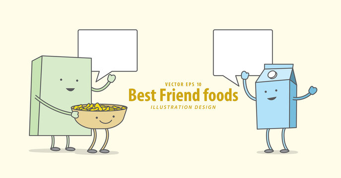 Cartoon character of Cereal or Muesli,  Bowl, Milk (Breakfast) talk together illustration vector on pale yellow background. Best friend foods concept.