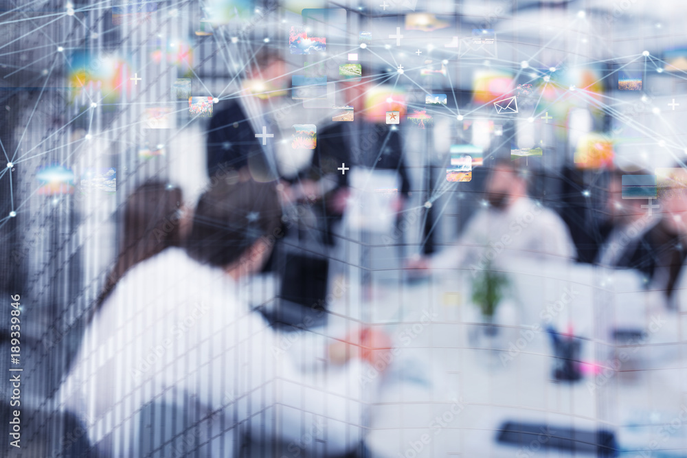 Poster blurred background of a business people with internet network effect