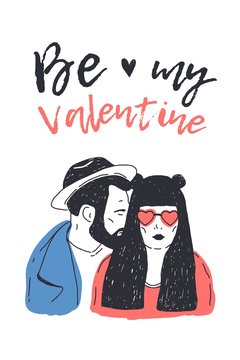 Pair of young hipster man in hat and woman in heart sunglasses hand drawn on white background and Be My Valentine inscription