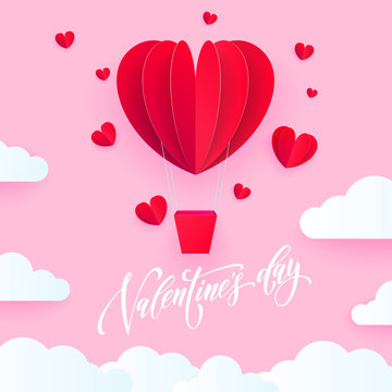 Valentine heart air ballon for Valentine's day holiday card. Hot red air baloon paper art greeting card with white cloud pattern on pink background. Vector Happy Valentines Day text lettering design