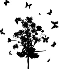 butterflies above bunch of flowers silhouette