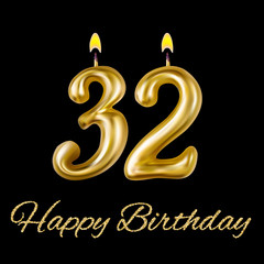 Obraz na płótnie Canvas Happy birthday, thirty two year. For decoration party, celebrations. Realistic style isolated on black background. 3d. Stock - Vector illustration for your design and business