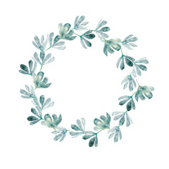 Watercolor hand drawn illustration of wreath of blue flowers with place for text isolated on white