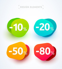 Vector abstract bubbles, labels, shapes with discount promotion. Sales, percents. Flat origami material design style.