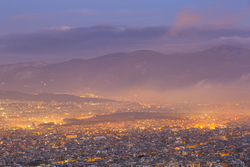View of Athens from Lycabettus hill at dawn, Greece. 
