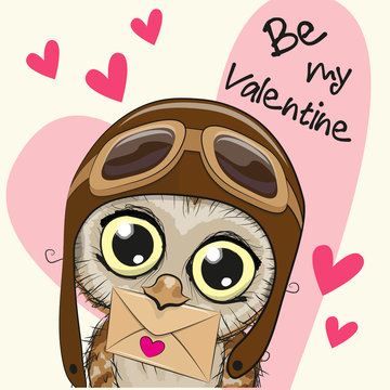 Valentine card with cute cartoon Owl