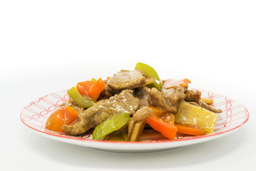 wok fried chicken stir fry with sweet peppers and chinese vegetables