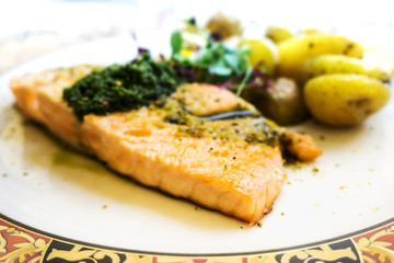 Grilled Salmon with fresh lettuce and mash potatoes