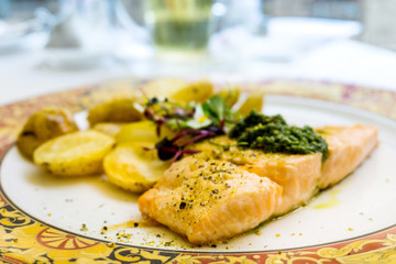 Grilled Salmon with fresh lettuce and mash potatoes